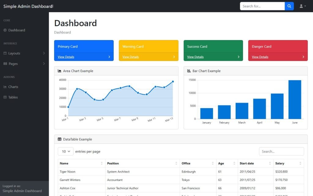 Simple Admin Dashboard Template website preview